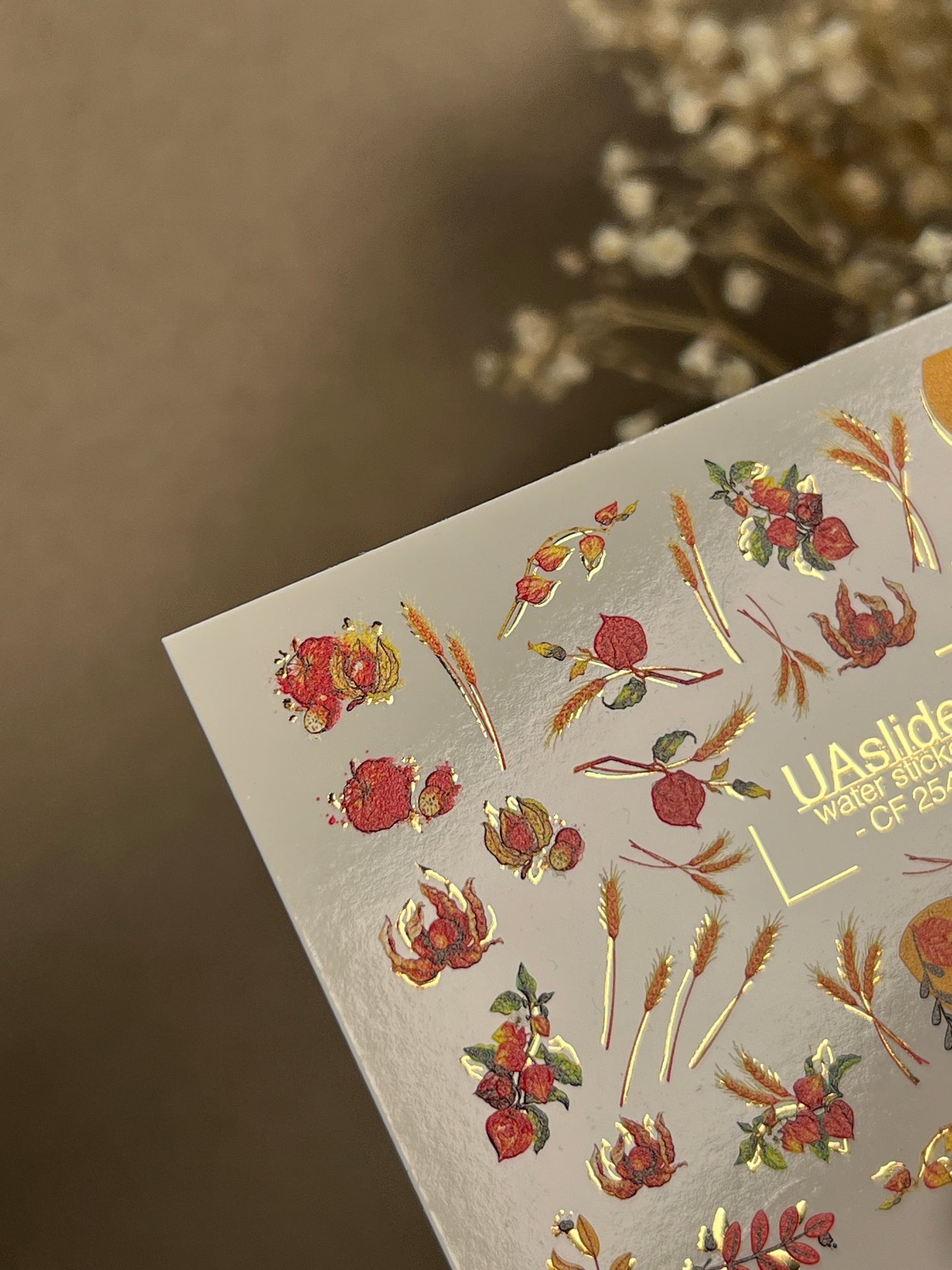 Nail Water Decal CF-254 | Autumn Water Slide Nail Decals | Wheat, Red Berries & Fall Leaves