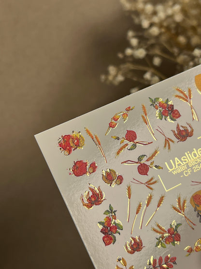 Nail Water Decal CF-254 | Autumn Water Slide Nail Decals | Wheat, Red Berries & Fall Leaves