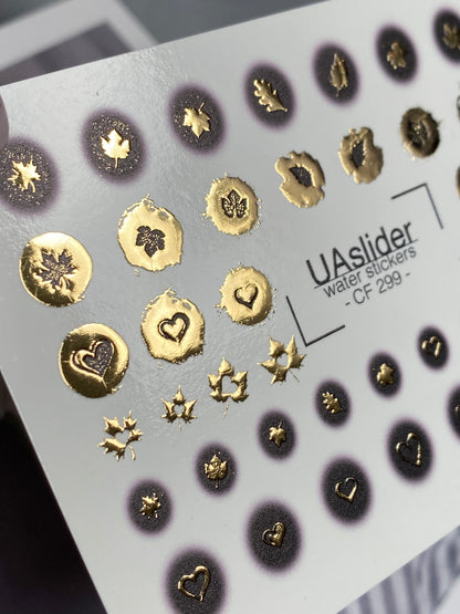 Nail Water Decal CF-299 | Gold Foil Water Slide Nail Decals | Hearts, Stars & Autumn Leaves