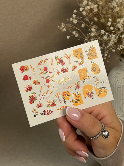 Nail Water Decal CF-254 | Autumn Water Slide Nail Decals | Wheat, Red Berries & Fall Leaves