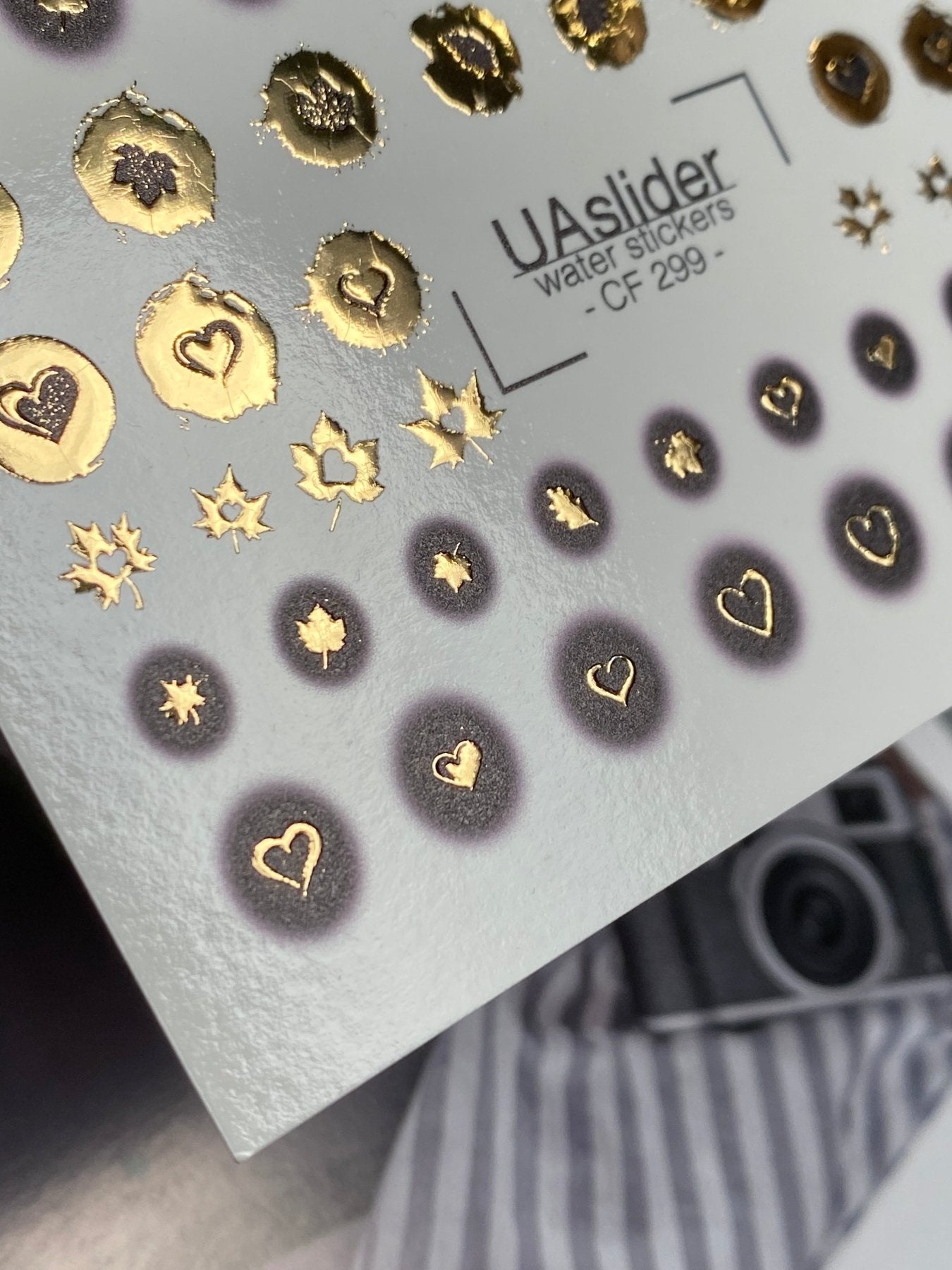 Nail Water Decal CF-299 | Gold Foil Water Slide Nail Decals | Hearts, Stars & Autumn Leaves - UASLIDER