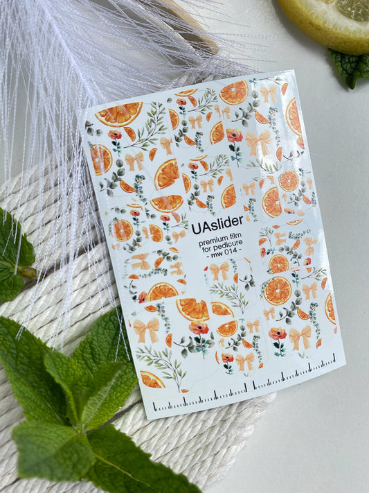 Pedicure nail wrap films mw-014 | Nail Wrap Films for Pedicure | Orange & Floral Bow Design