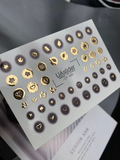Nail Water Decal CF-299 | Gold Foil Water Slide Nail Decals | Hearts, Stars & Autumn Leaves