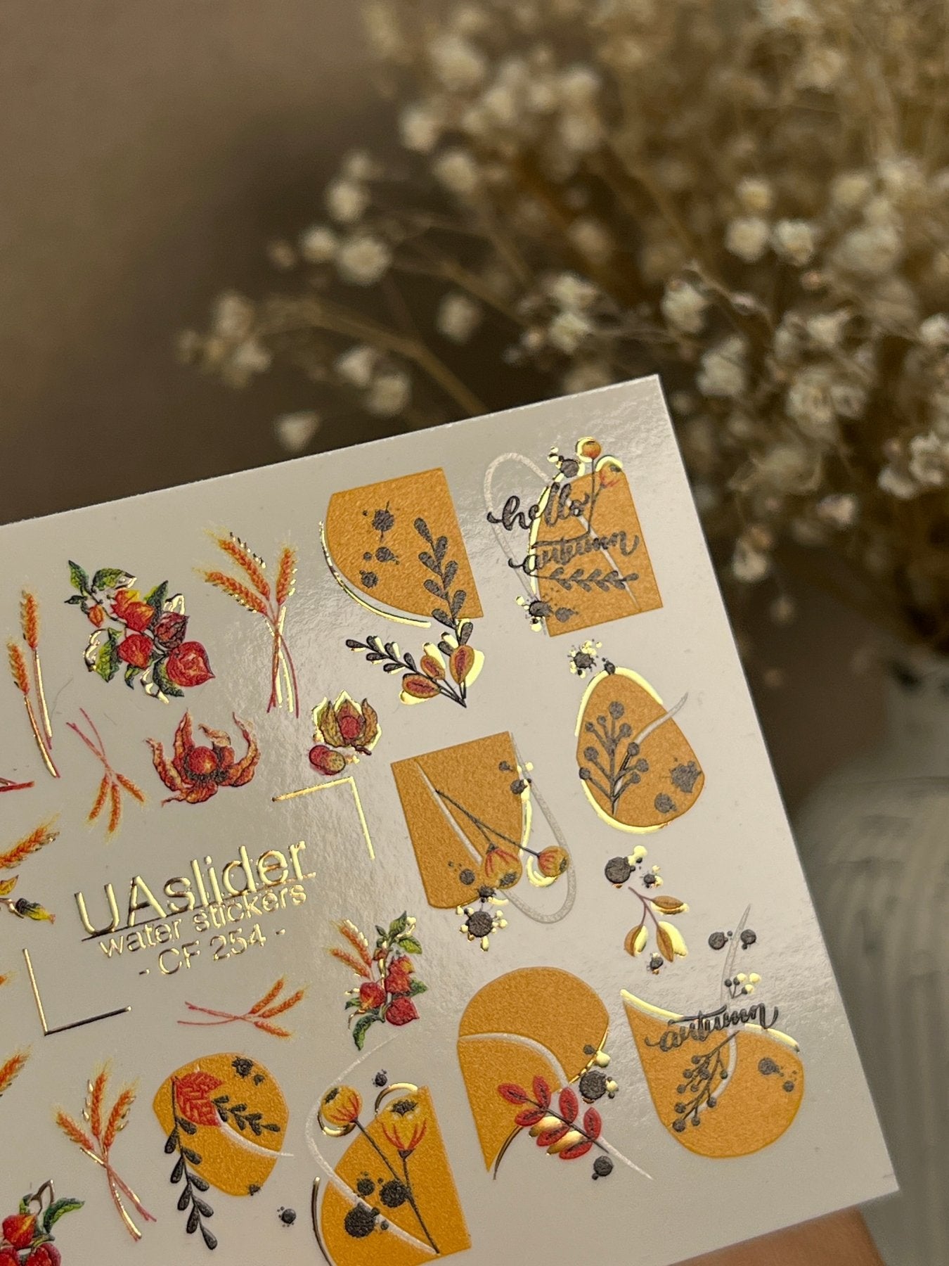 Nail Water Decal CF-254 | Autumn Water Slide Nail Decals | Wheat, Red Berries & Fall Leaves - UASLIDER