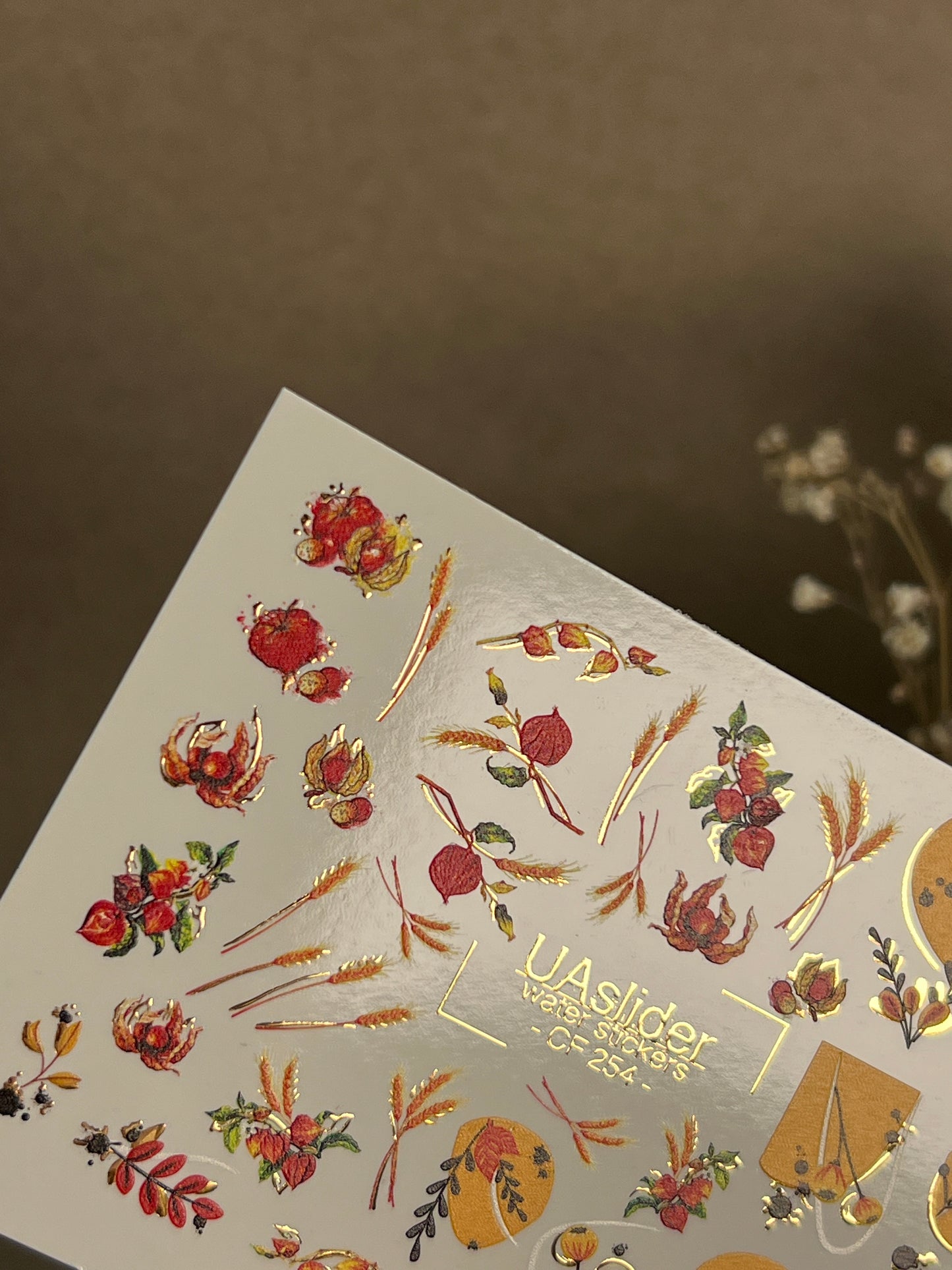 Nail Water Decal CF-254 | Autumn Water Slide Nail Decals | Wheat, Red Berries & Fall Leaves