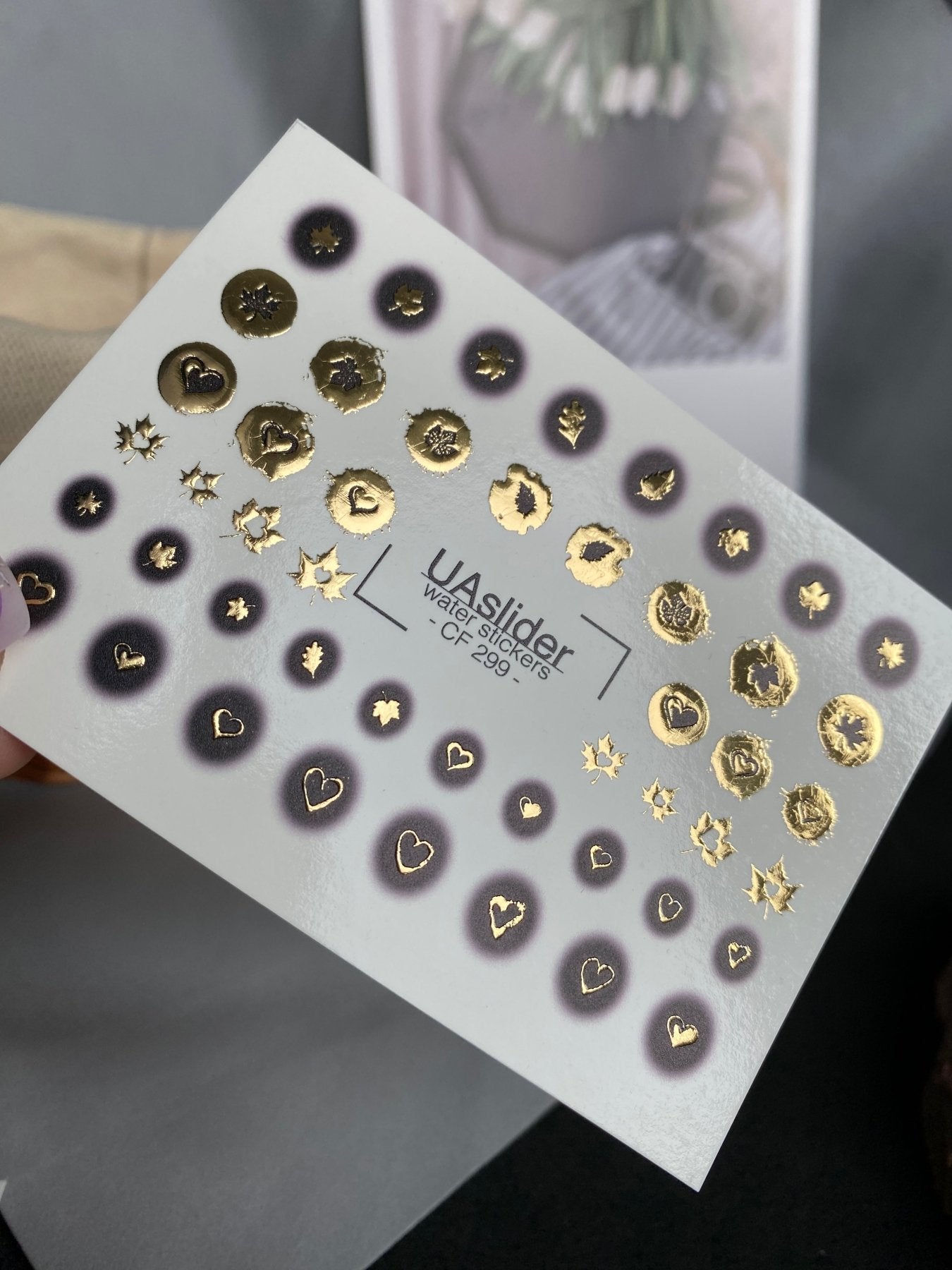 Nail Water Decal CF-299 | Gold Foil Water Slide Nail Decals | Hearts, Stars & Autumn Leaves - UASLIDER