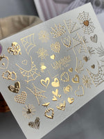 Nail Water Decal Fg-149 | Water Slide Nail Decals with Gold Spider Webs and Hearts | Gothic Halloween Nail Art - UASLIDER