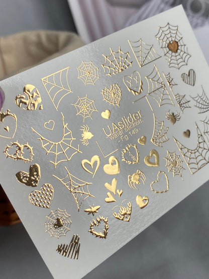 Nálepky na nehty Fg-149 | Vodní nálepky na nehty se zlatými pavučinami a srdíčky | Gotický halloweenský nail art