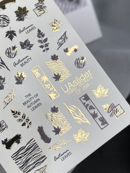 Nail Water Decal CF-298 | Autumn Water Slide Nail Decals | Leaves, Zebra Print & Gold Accents