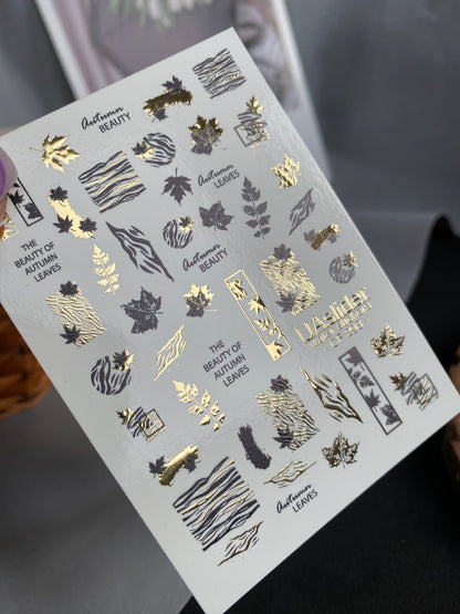 Nail Water Decal CF-298 | Autumn Water Slide Nail Decals | Leaves, Zebra Print & Gold Accents