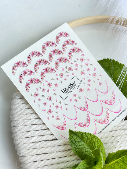 Nail Water Decal NCg-111 | Water Slide Nail Decals Sakura French | Nail Water Decals with Pink Flower Design