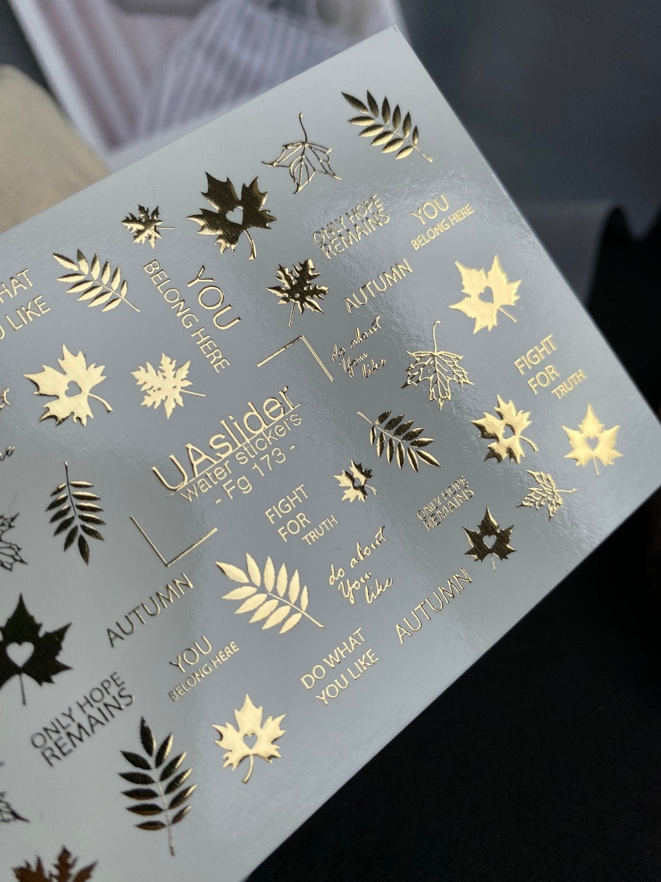 Nail Water Decal Fg-173 | Gold Foil Water Slide Nail Decals | Autumn Leaves & Inspirational Quotes - UASLIDER