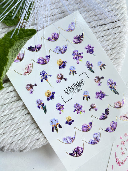 Nail Water Decal CF-622 | Floral French Water Slide Nail Decals | Purple Iris Flower Designs