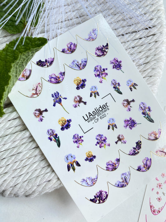 Nail Water Decal CF-622 | Floral French Water Slide Nail Decals | Purple Iris Flower Designs