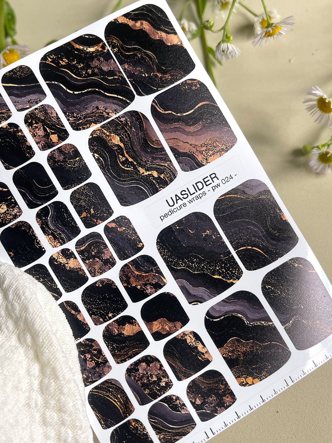 Marble Pedicure Nail Wraps — Black & Dark Navy Watercolor Marble with Gold | PW-024