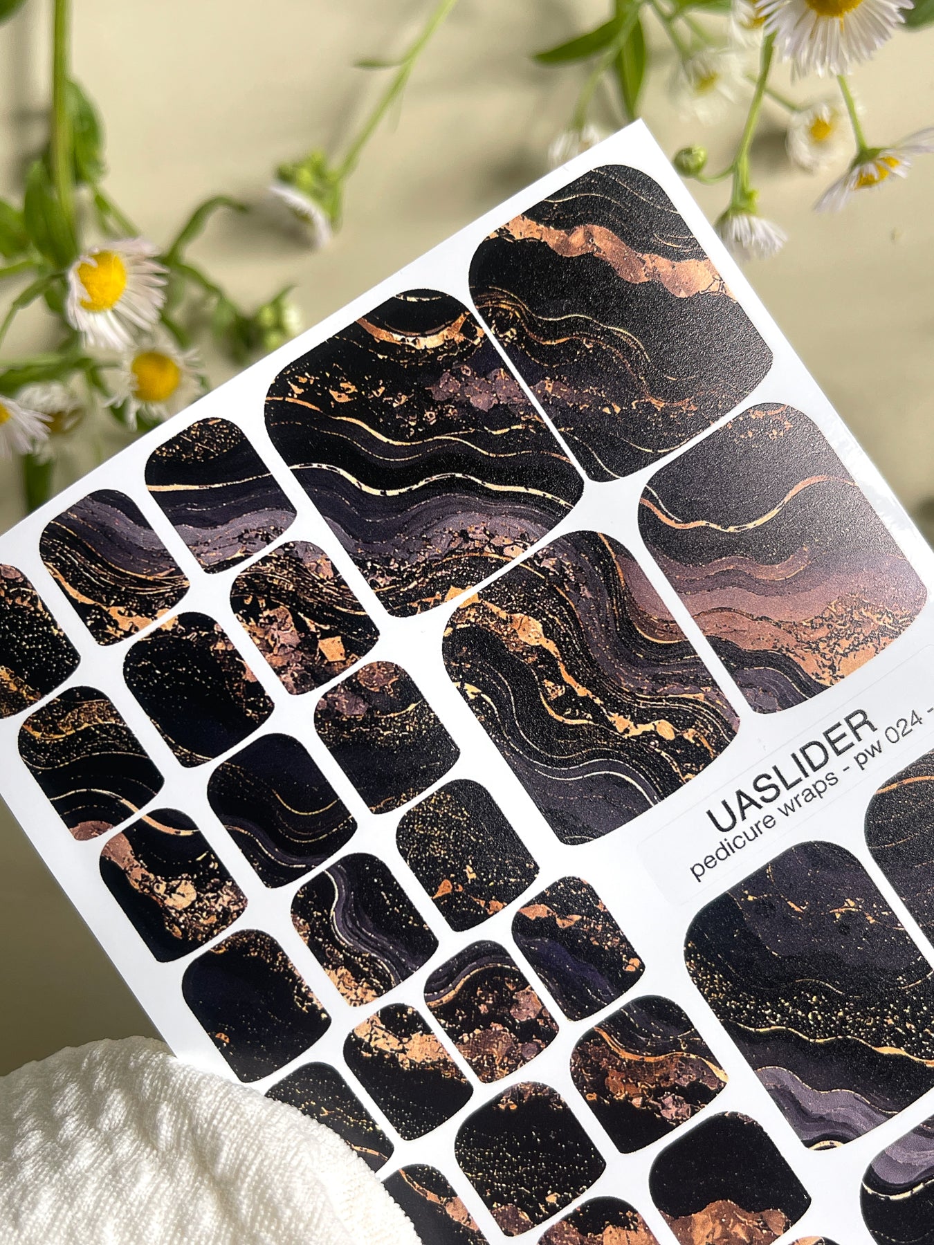 Marble Pedicure Nail Wraps — Black & Dark Navy Watercolor Marble with Gold | PW-024
