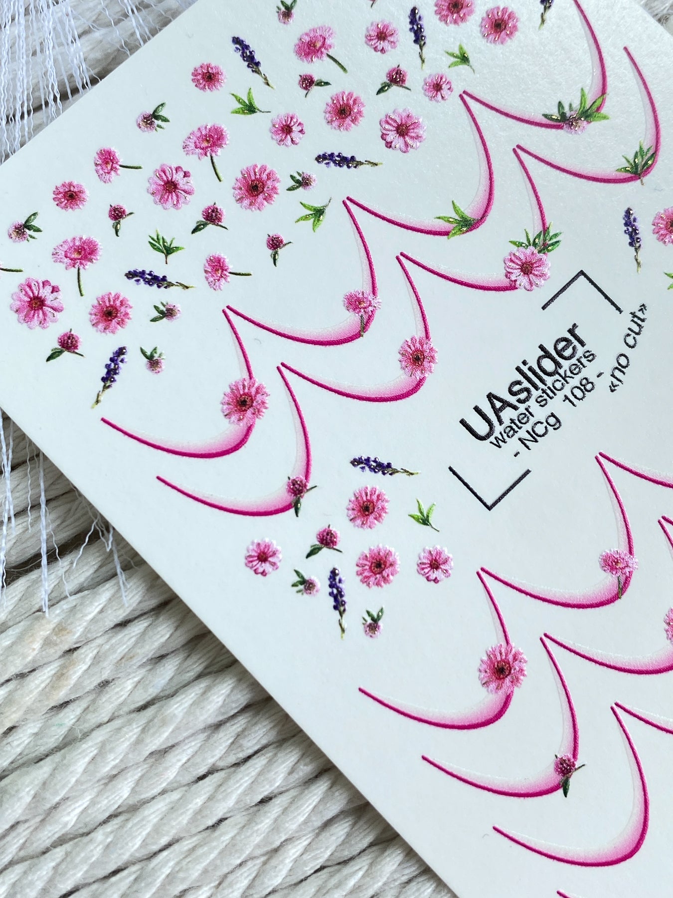 Nail Water Decal NCg-108 | Water Slide Nail Decals Pink Flowers | Nail Water Decals French Tips with Lavender - UASLIDER