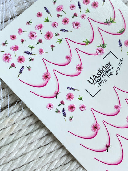 Adesivo per unghie ad acqua NCg-108 | Adesivi per unghie a scivolamento ad acqua fiori rosa | Adesivi per unghie ad acqua french tips con lavanda