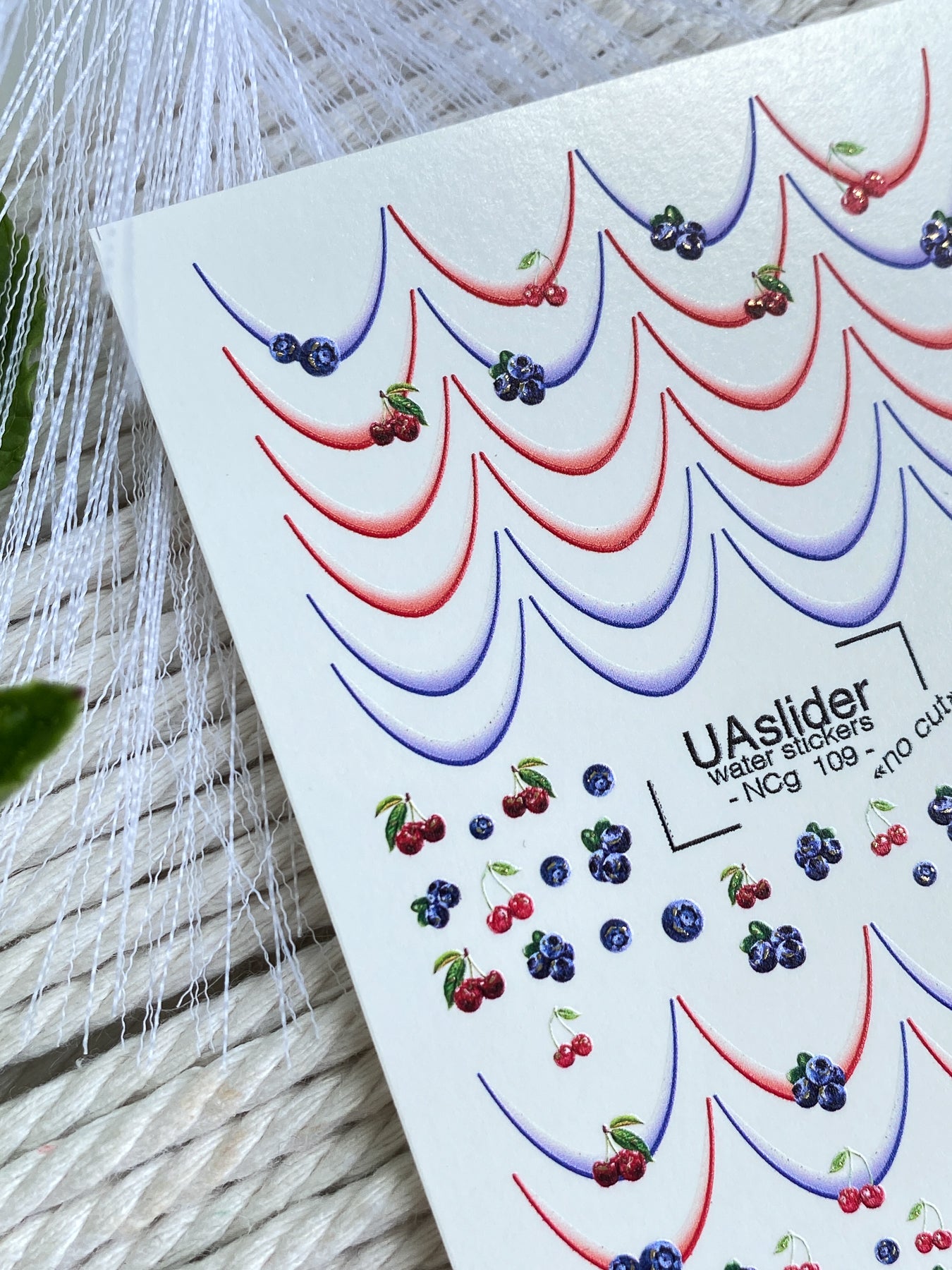 Nail Water Decal NCg-109 | Water Slide Nail Decals Red & Blue French | Nail Water Decals with Cherries and Blueberries