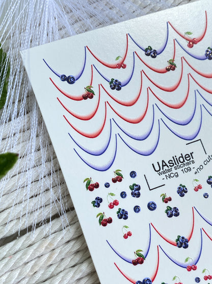 Nail Water Decal NCg-109 | Water Slide Nail Decals Red & Blue French | Nail Water Decals with Cherries and Blueberries