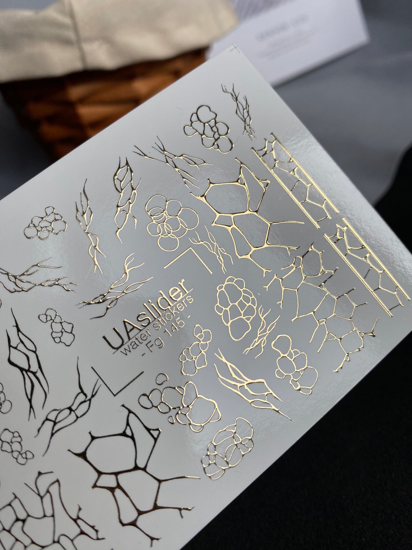 Nail Water Decal Fg-145 | Water Slide Nail Decals with Gold Cracked and Abstract Net Patterns | Modern Nail Art