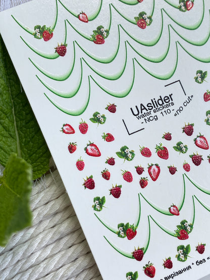 Nail Water Decal NCg-110 | Water Slide Nail Decals Green French | Nail Water Decals with Strawberry Design