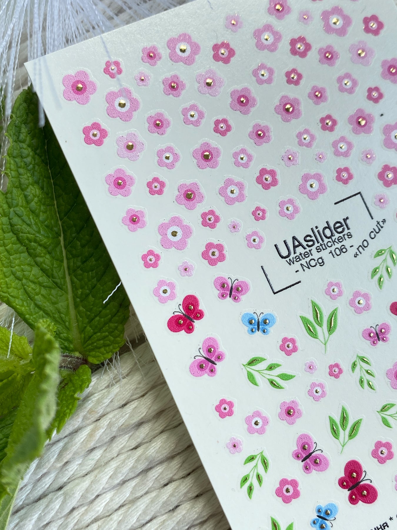 Nail Water Decal NCg-106 | Water Slide Nail Decals Pink Flowers | Nail Water Decals Butterflies & Green Leaves - UASLIDER