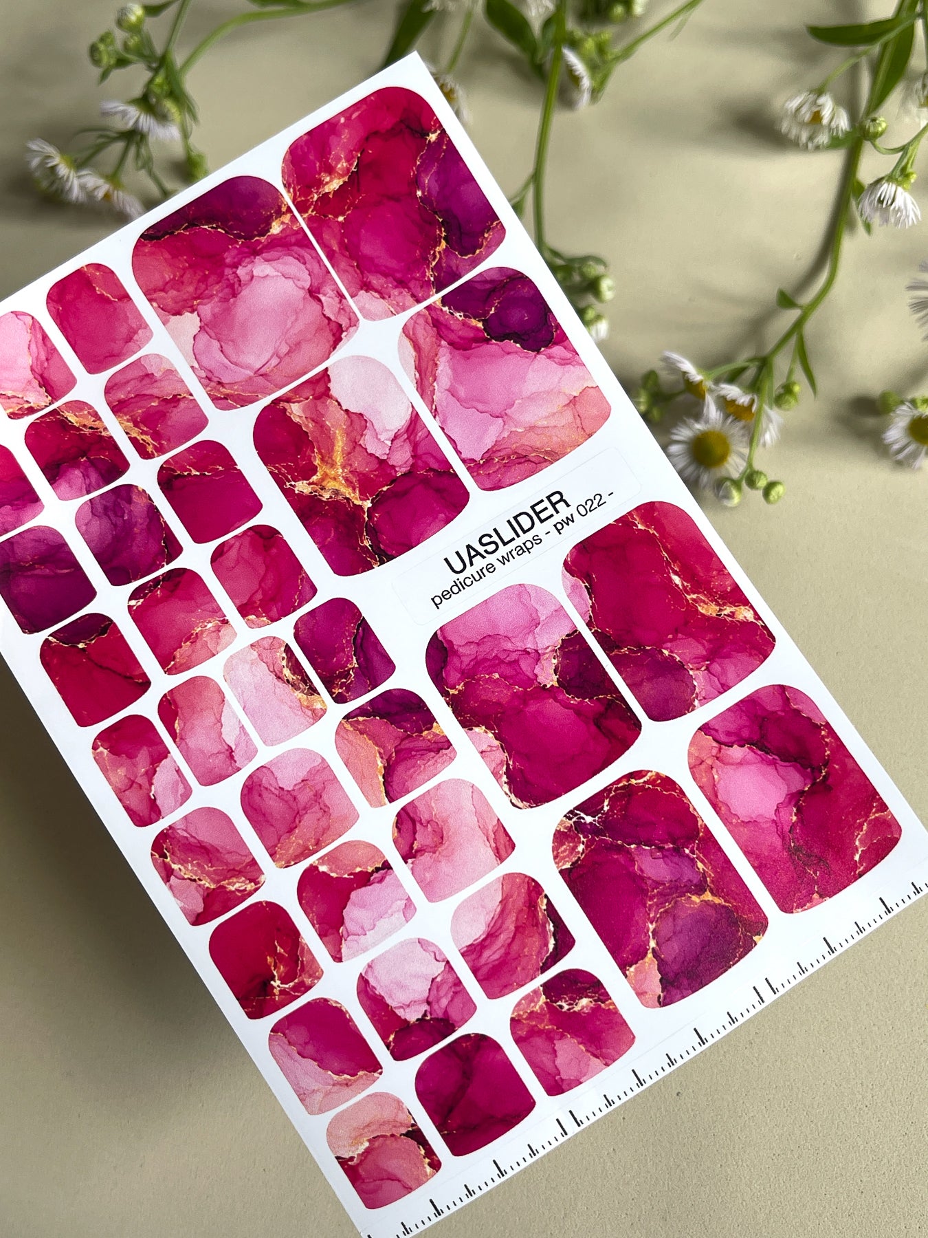 Marble Pedicure Nail Wraps — Pink & Magenta Watercolor Marble with Gold | PW-022