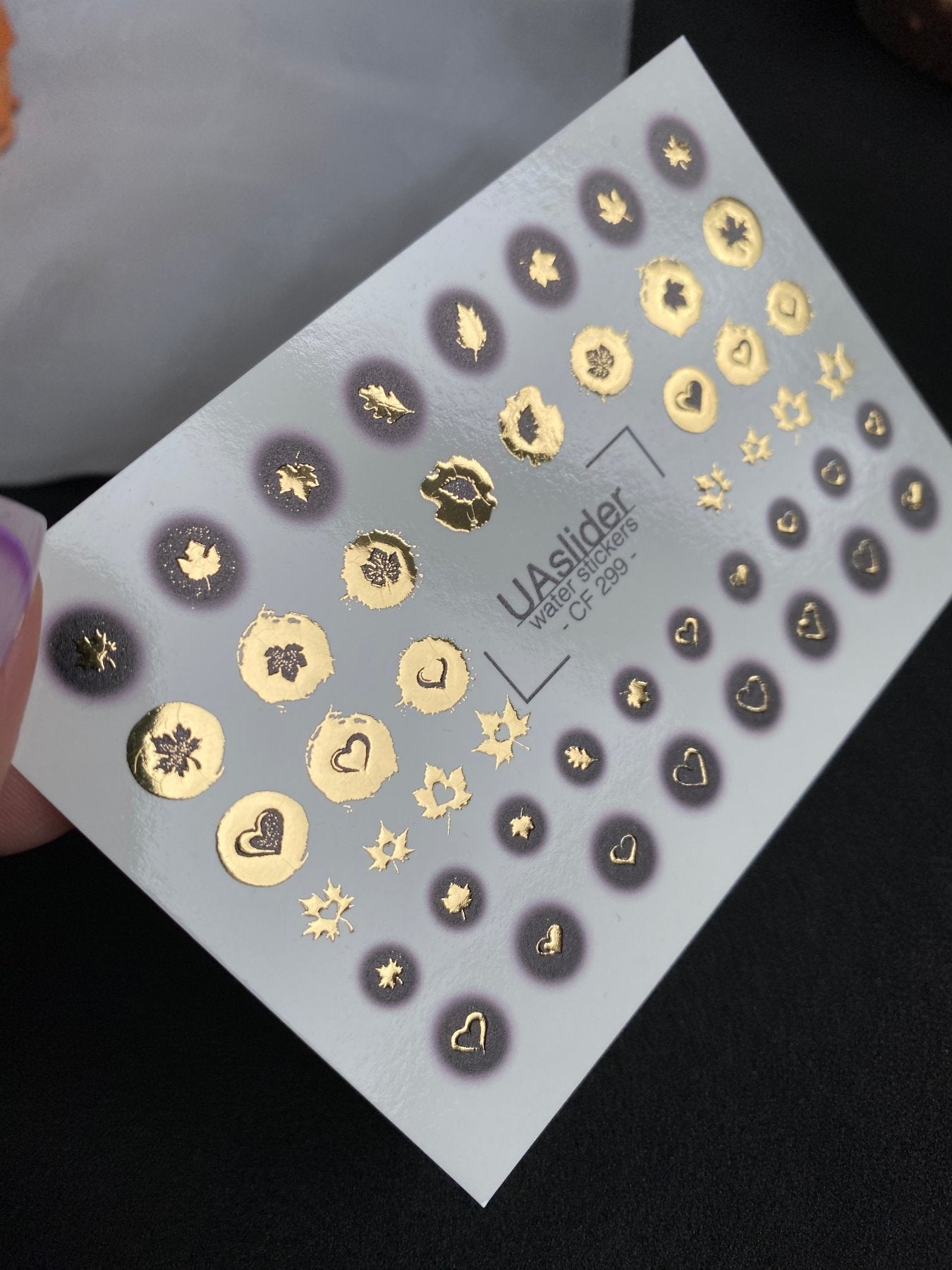 Nail Water Decal CF-299 | Gold Foil Water Slide Nail Decals | Hearts, Stars & Autumn Leaves - UASLIDER