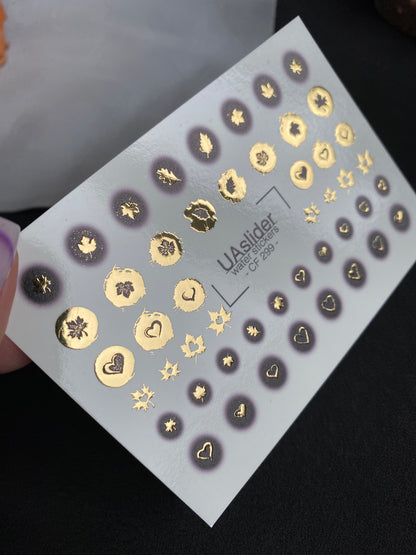 Nail Water Decal CF-299 | Gold Foil Water Slide Nail Decals | Hearts, Stars & Autumn Leaves