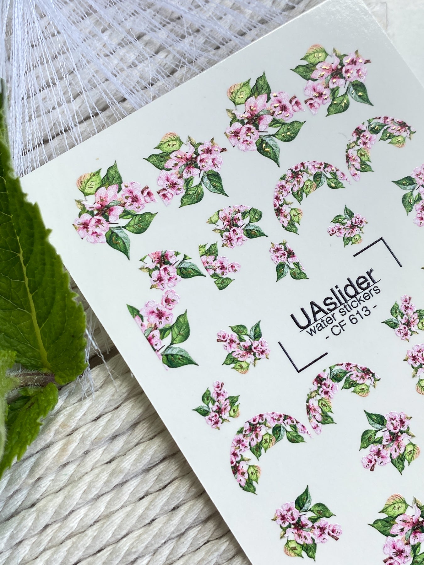 Nail Water Decal CF-613 | Floral Water Slide Nail Decals | Pink Blossoms & Green Leaves