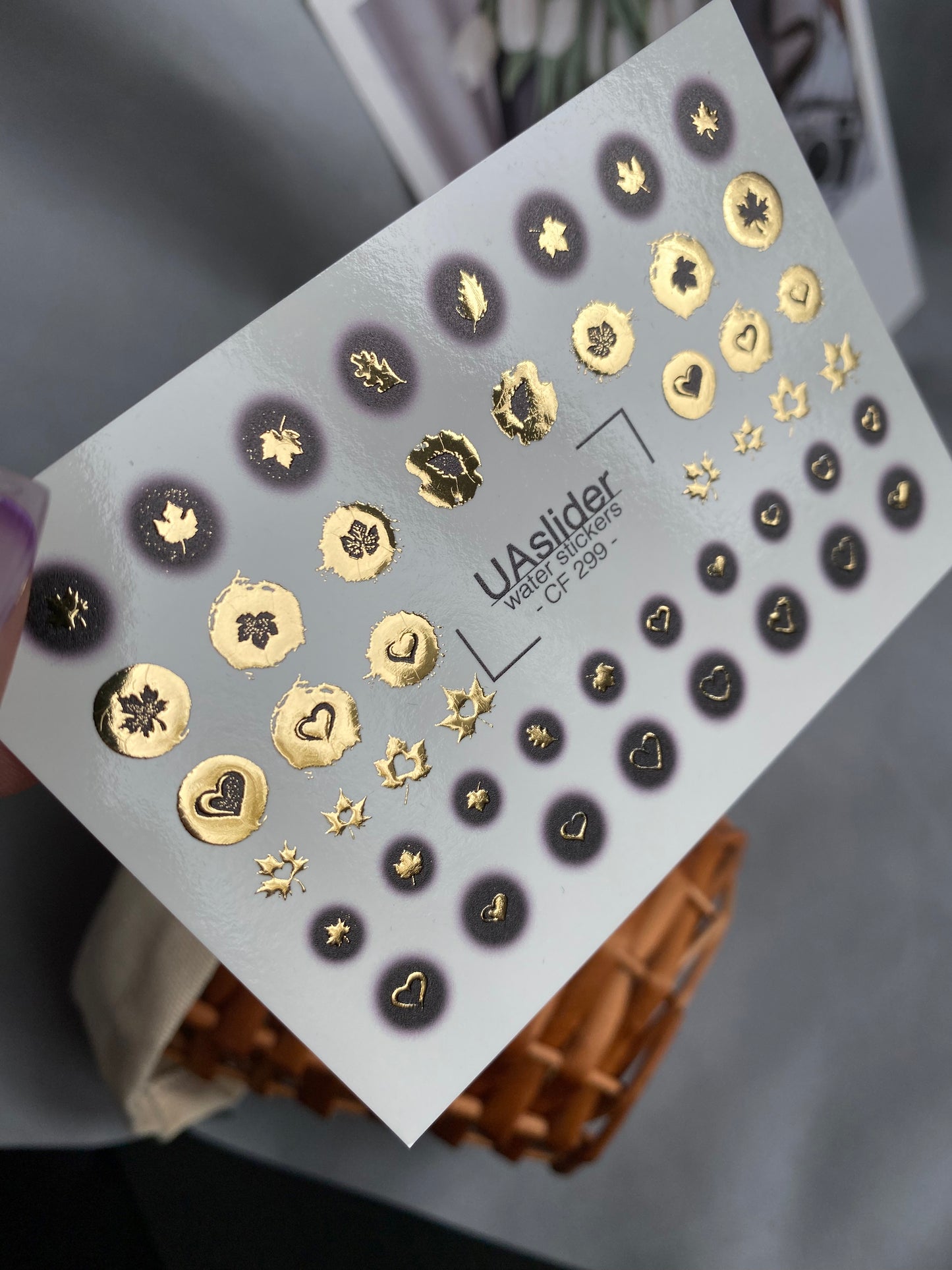 Nail Water Decal CF-299 | Gold Foil Water Slide Nail Decals | Hearts, Stars & Autumn Leaves