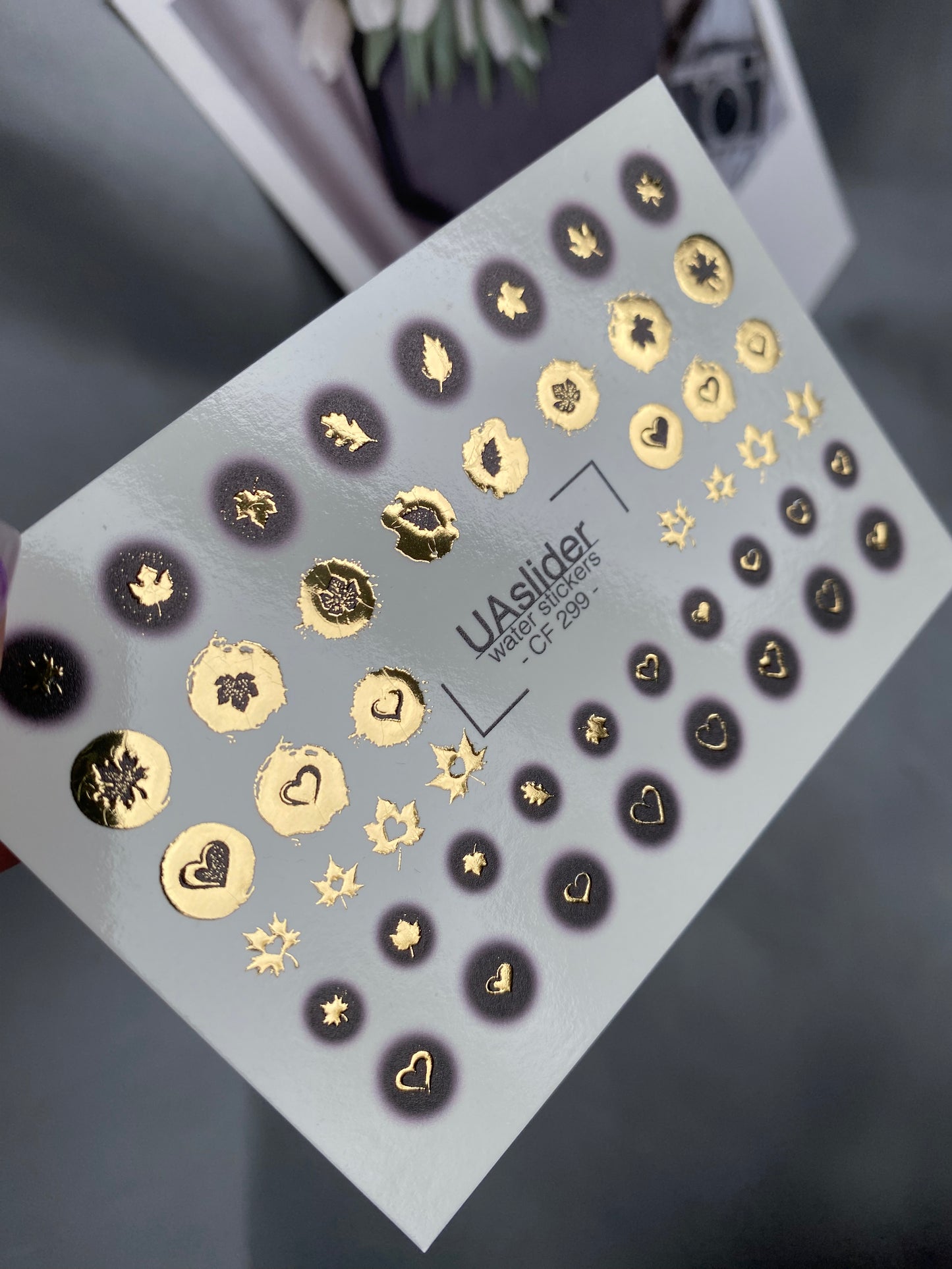 Nail Water Decal CF-299 | Gold Foil Water Slide Nail Decals | Hearts, Stars & Autumn Leaves