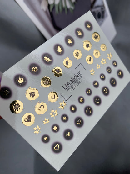 Nail Water Decal CF-299 | Gold Foil Water Slide Nail Decals | Hearts, Stars & Autumn Leaves