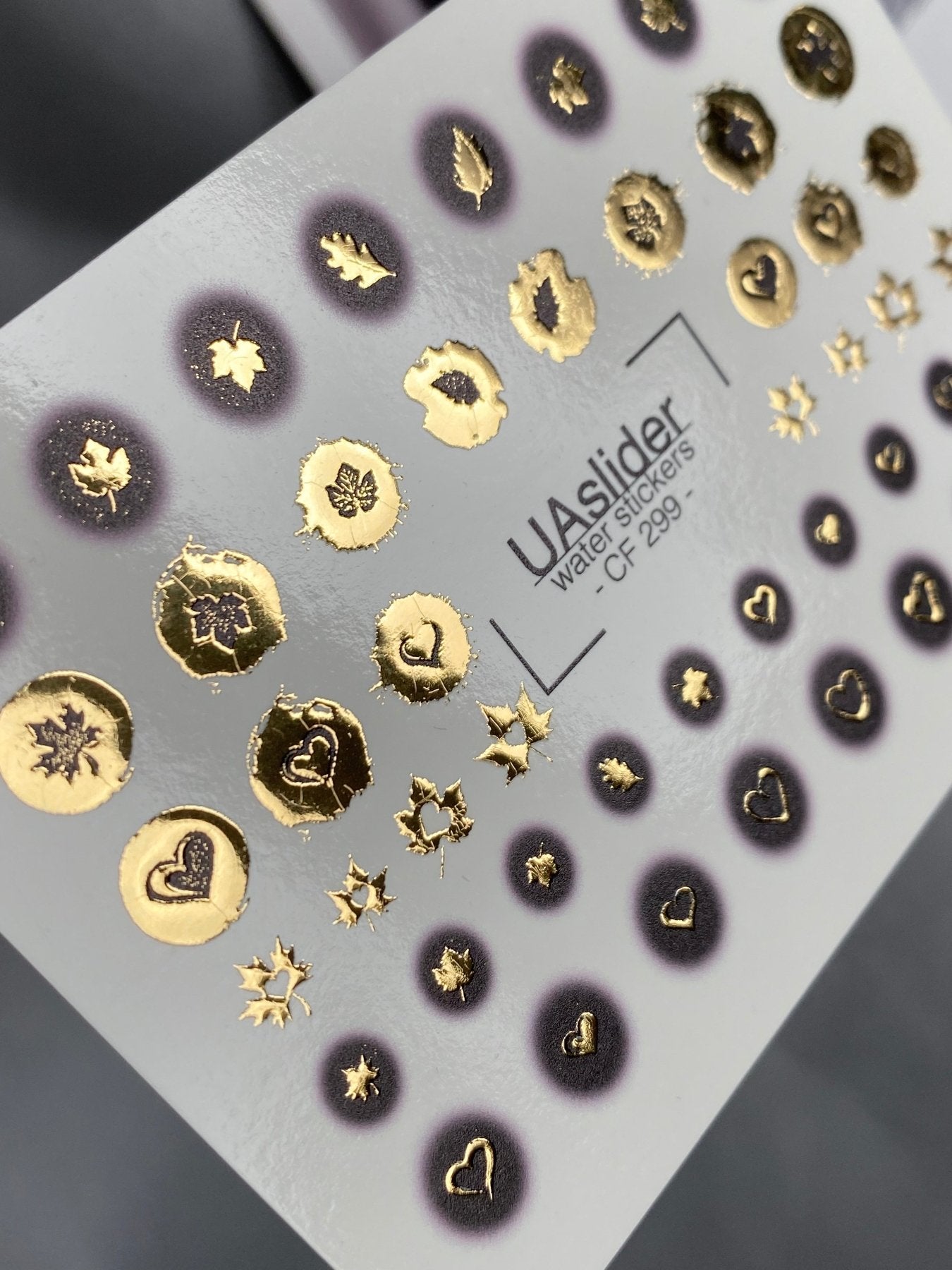 Nail Water Decal CF-299 | Gold Foil Water Slide Nail Decals | Hearts, Stars & Autumn Leaves - UASLIDER