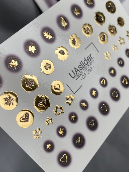 Nail Water Decal CF-299 | Gold Foil Water Slide Nail Decals | Hearts, Stars & Autumn Leaves