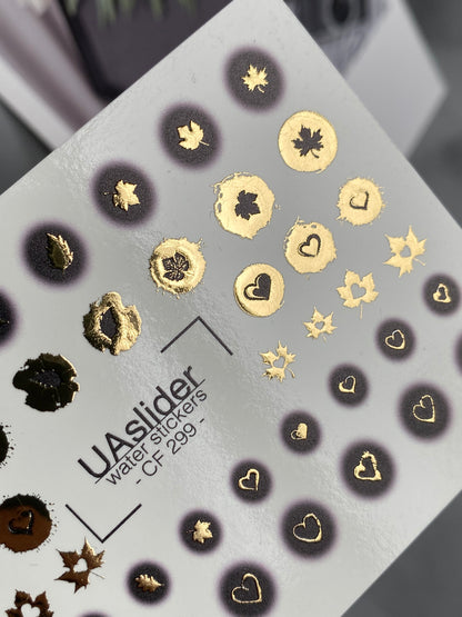 Nail Water Decal CF-299 | Gold Foil Water Slide Nail Decals | Hearts, Stars & Autumn Leaves