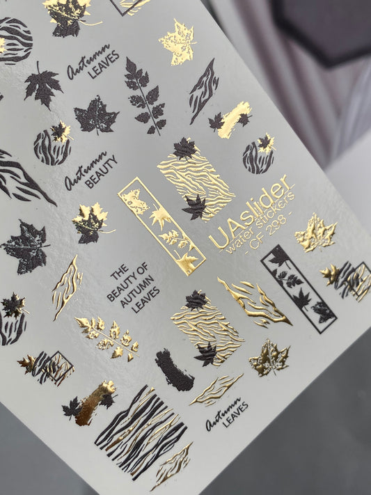 Nail Water Decal CF-298 | Autumn Water Slide Nail Decals | Leaves, Zebra Print & Gold Accents