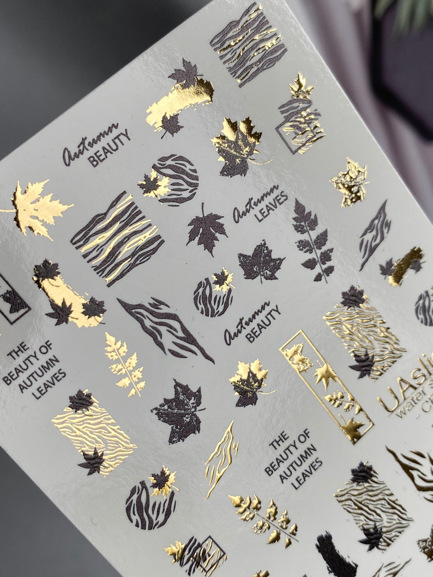 Nail Water Decal CF-298 | Autumn Water Slide Nail Decals | Leaves, Zebra Print & Gold Accents