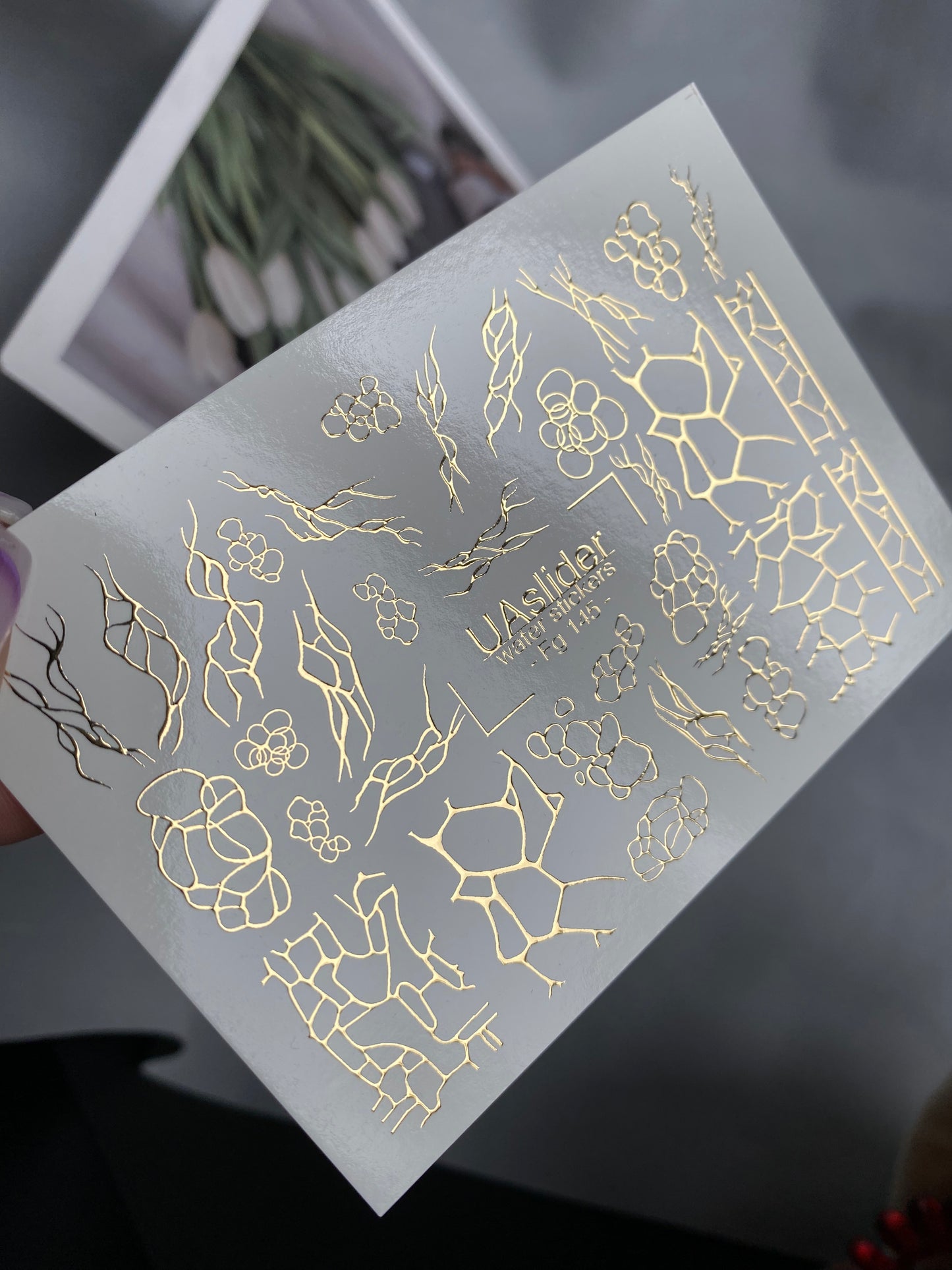 Nail Water Decal Fg-145 | Water Slide Nail Decals with Gold Cracked and Abstract Net Patterns | Modern Nail Art