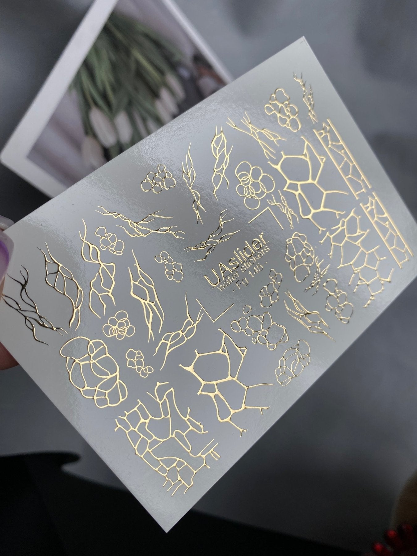 Nail Water Decal Fg-145 | Water Slide Nail Decals with Gold Cracked and Abstract Net Patterns | Modern Nail Art - UASLIDER