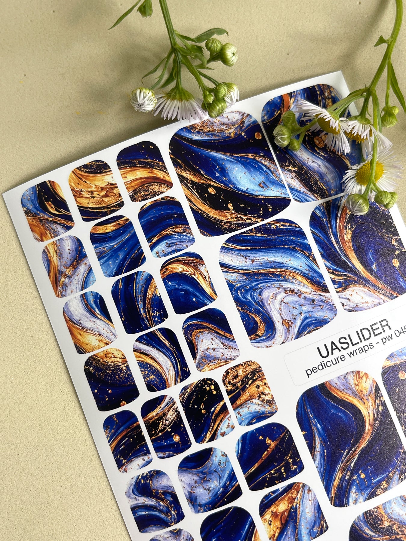 Blue & Gold Marble Pedicure Nail Wraps — Fluid Art Swirl | PW-045