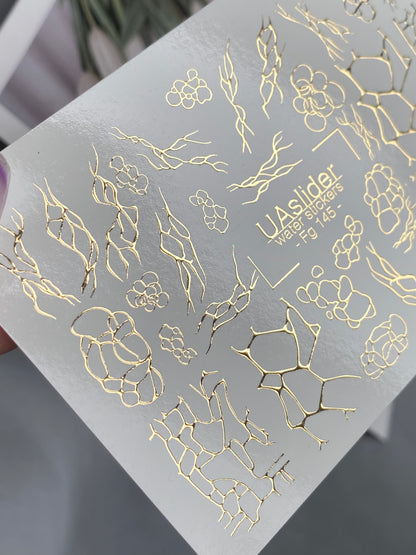 Nail Water Decal Fg-145 | Water Slide Nail Decals with Gold Cracked and Abstract Net Patterns | Modern Nail Art