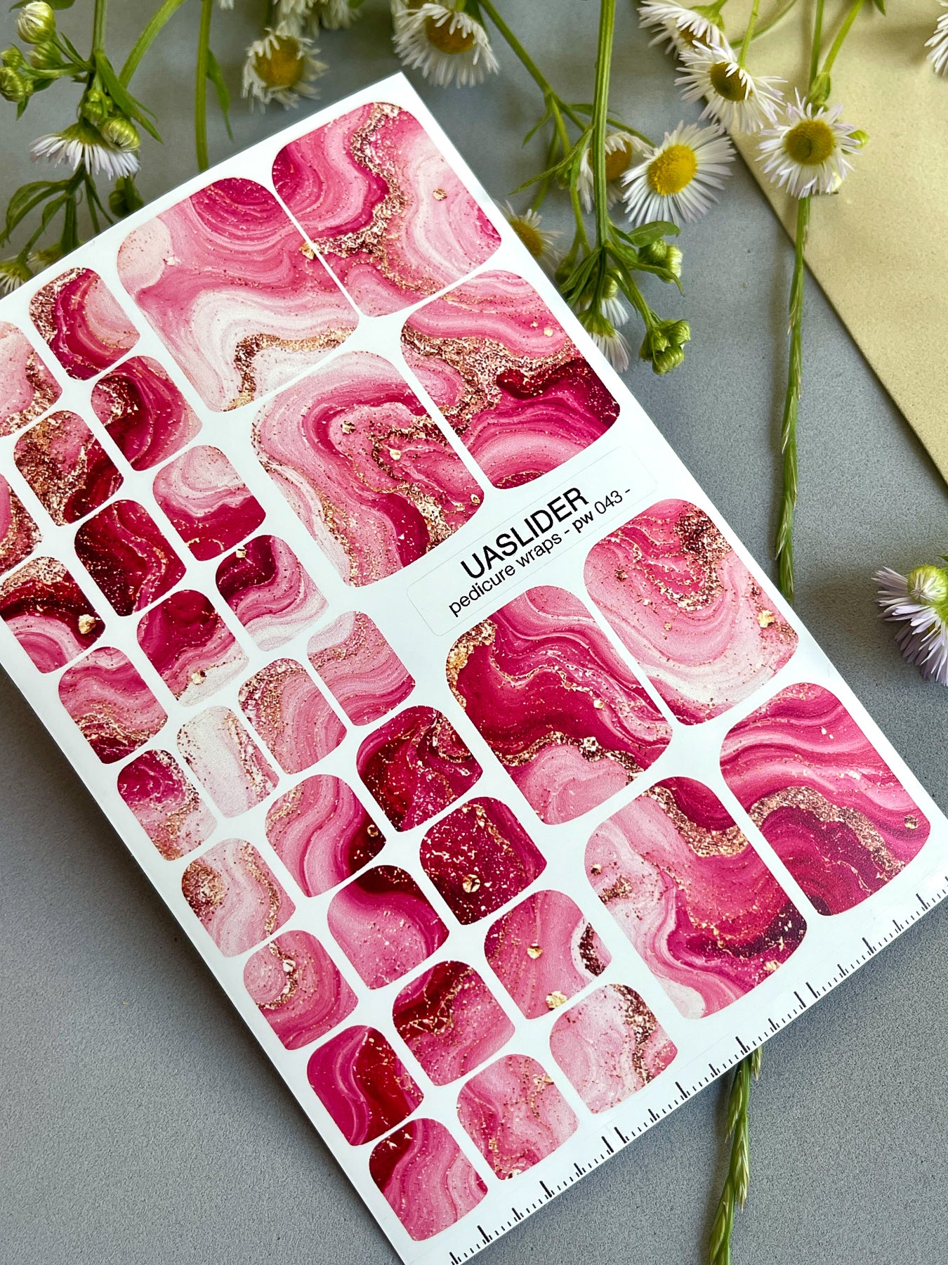 Pink Agate Pedicure Nail Wraps — Berry, Blush & Gold Flakes | PW-043