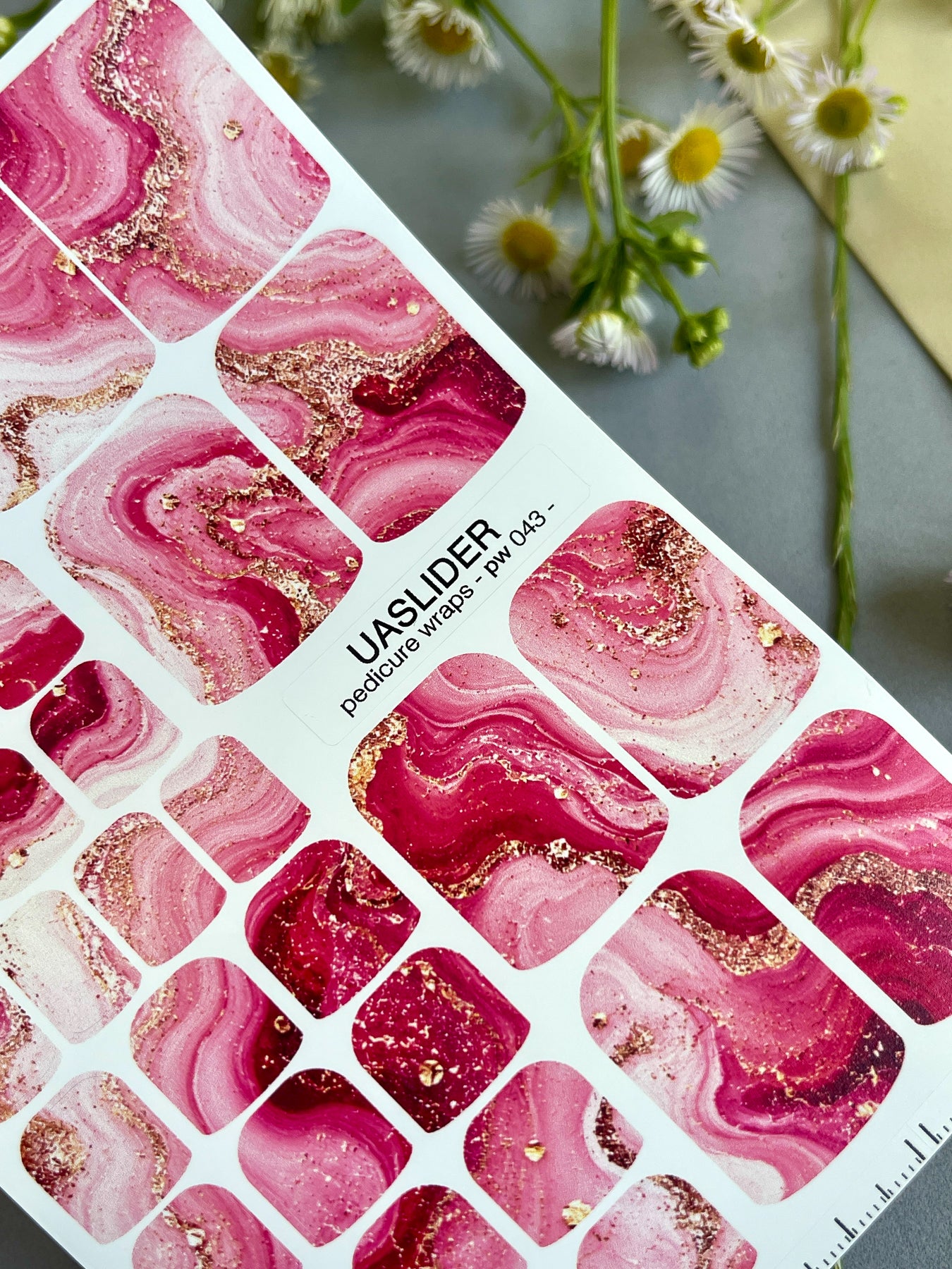 Pink Agate Pedicure Nail Wraps — Berry, Blush & Gold Flakes | PW-043