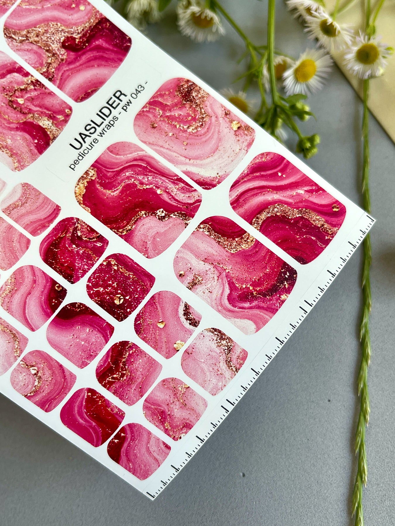 Pink Agate Pedicure Nail Wraps — Berry, Blush & Gold Flakes | PW-043