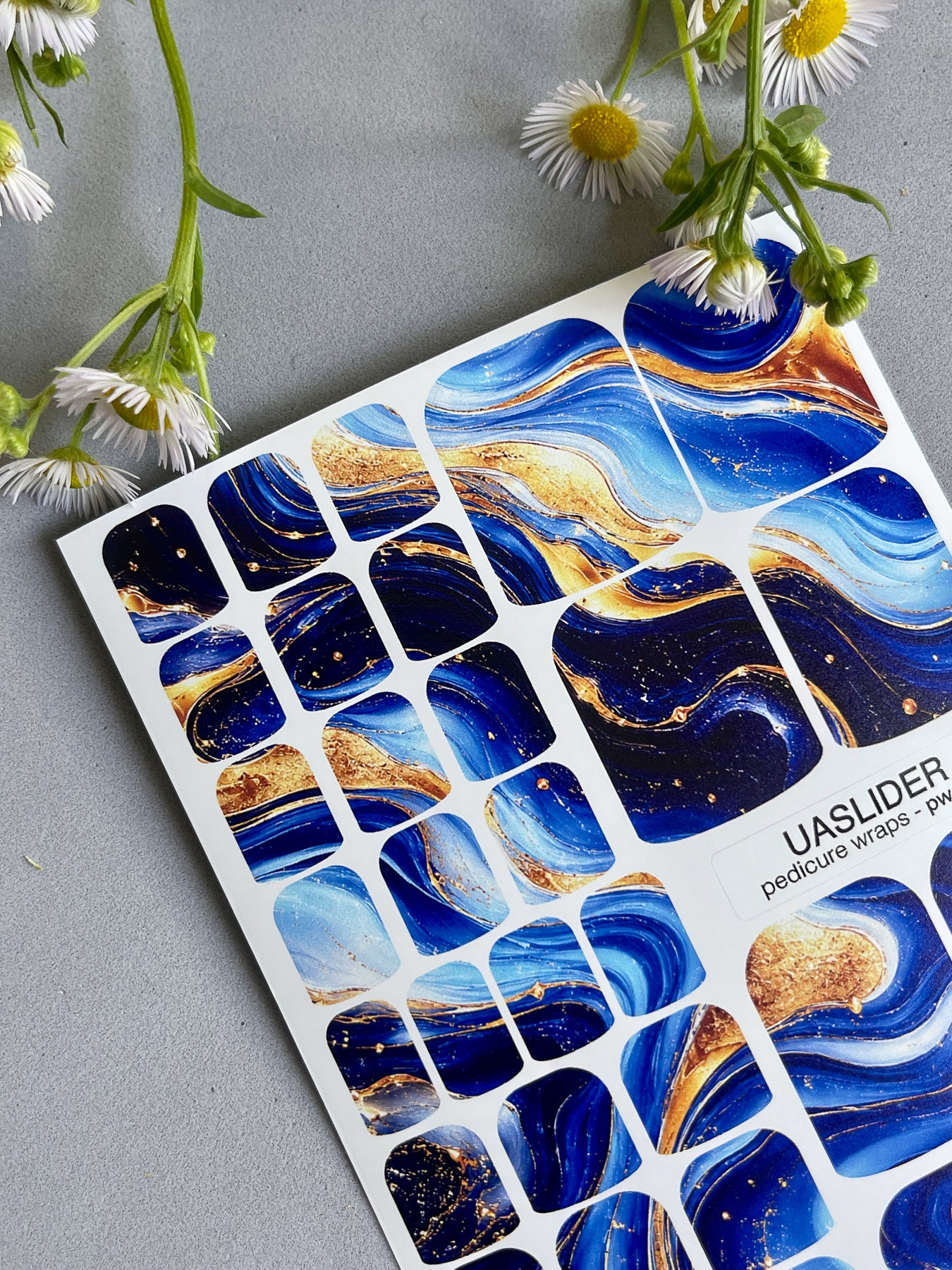 Blue Agate Pedicure Nail Wraps — Navy, Sky Blue & Gold Swirl | PW-044