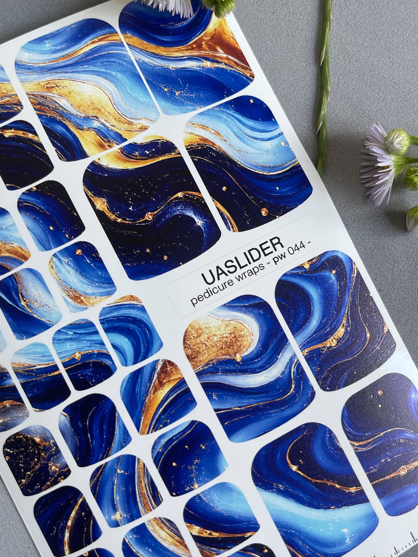 Blue Agate Pedicure Nail Wraps — Navy, Sky Blue & Gold Swirl | PW-044