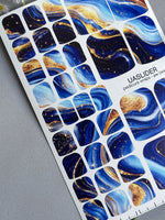 Blue Agate Pedicure Nail Wraps — Navy, Sky Blue & Gold Swirl | PW-044