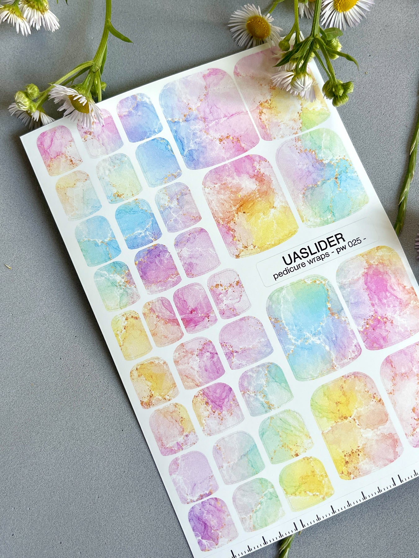Marble Pedicure Nail Wraps — Pastel Rainbow Watercolor Marble with Gold | PW-025